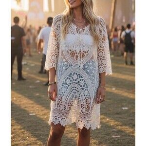 Boho Crochet Lace Tunic Dress Sheer Festival Beach High Neck Open Back Size M